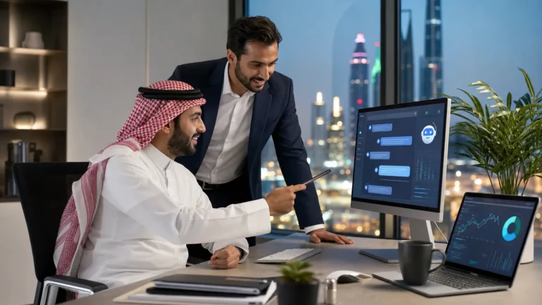 Gulf business team reviewing an AI chatbot