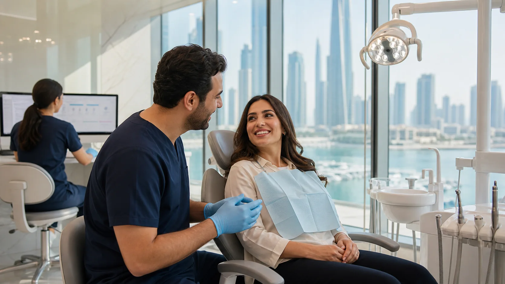 Friendly dentist and patient in a Dubai clinic