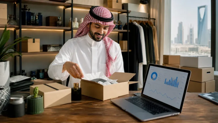 Saudi ecommerce entrepreneur preparing online orders